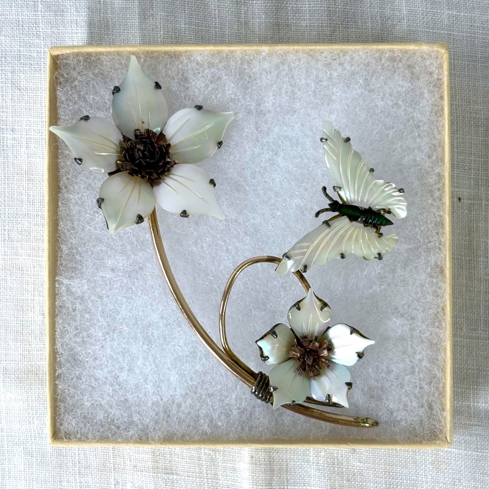 Ocean‎ Treasures Vintage Mother of Pearl Butterfly Flower Brooch 12K GF Sterling